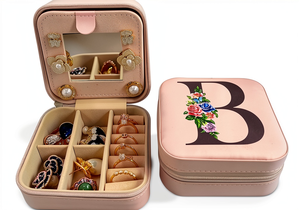 ZITEZHGO Pink Fabric Jewelry Box with compartments and mirror