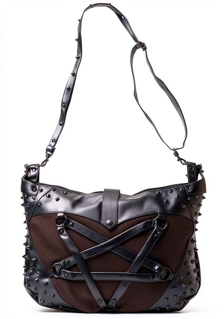 Vixxsin black studded crossbody bag showing pentagram design and adjustable strap