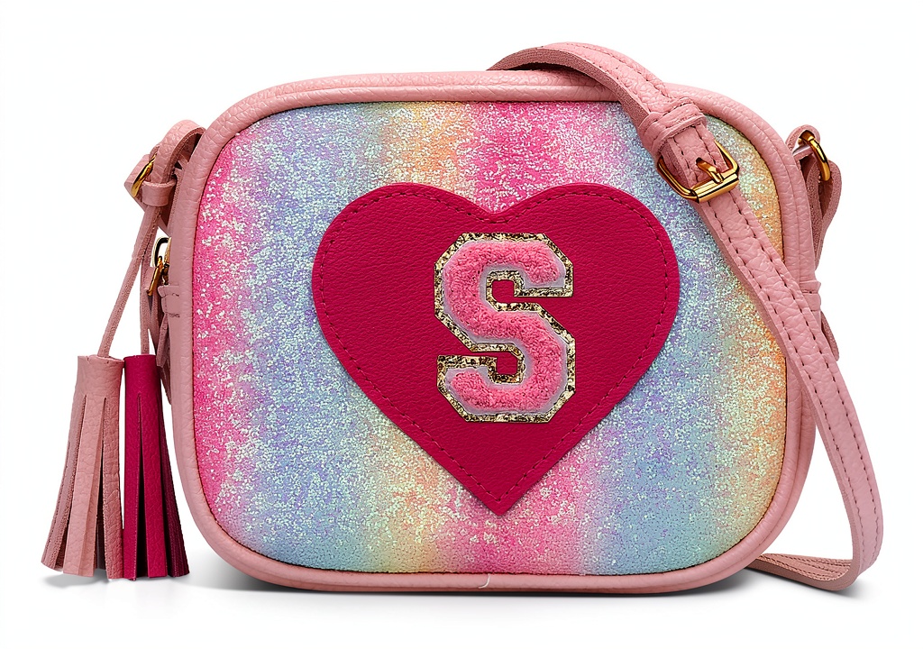 Installing KKXIU Girls Heart Purse Vegan Leather Crossbody Bag Gift on a wooden desk