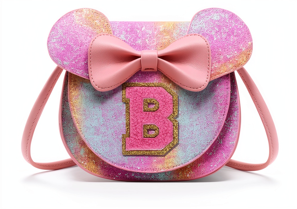 XSUIOY Girls Mouse Purse leather shoulder bag displayed on a child’s desk with a pink mouse plush beside it