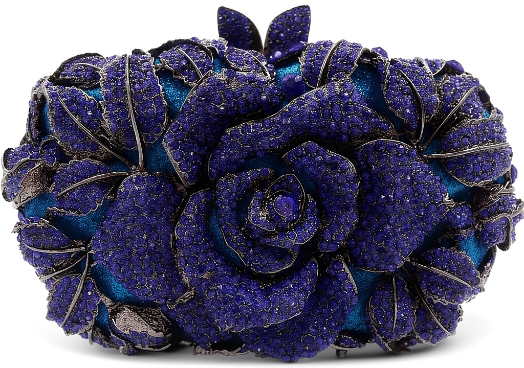 Rose flower evening clutch with rhinestones and detachable chain