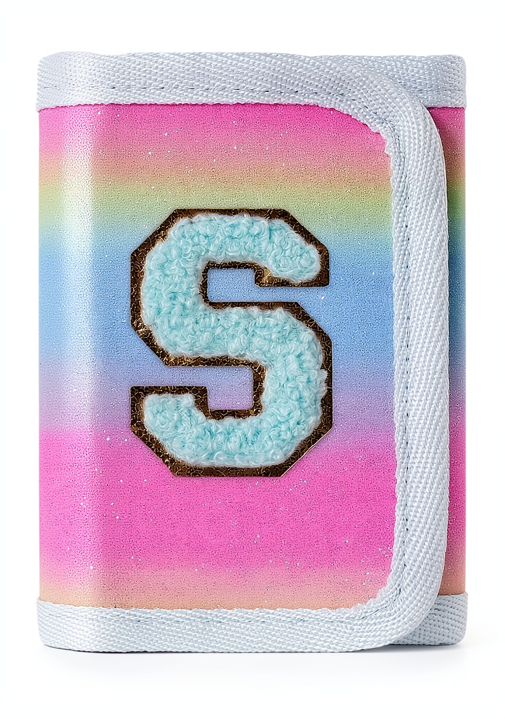 'Girls sparkly wallet in blue color showing sequin fabric and compartments'