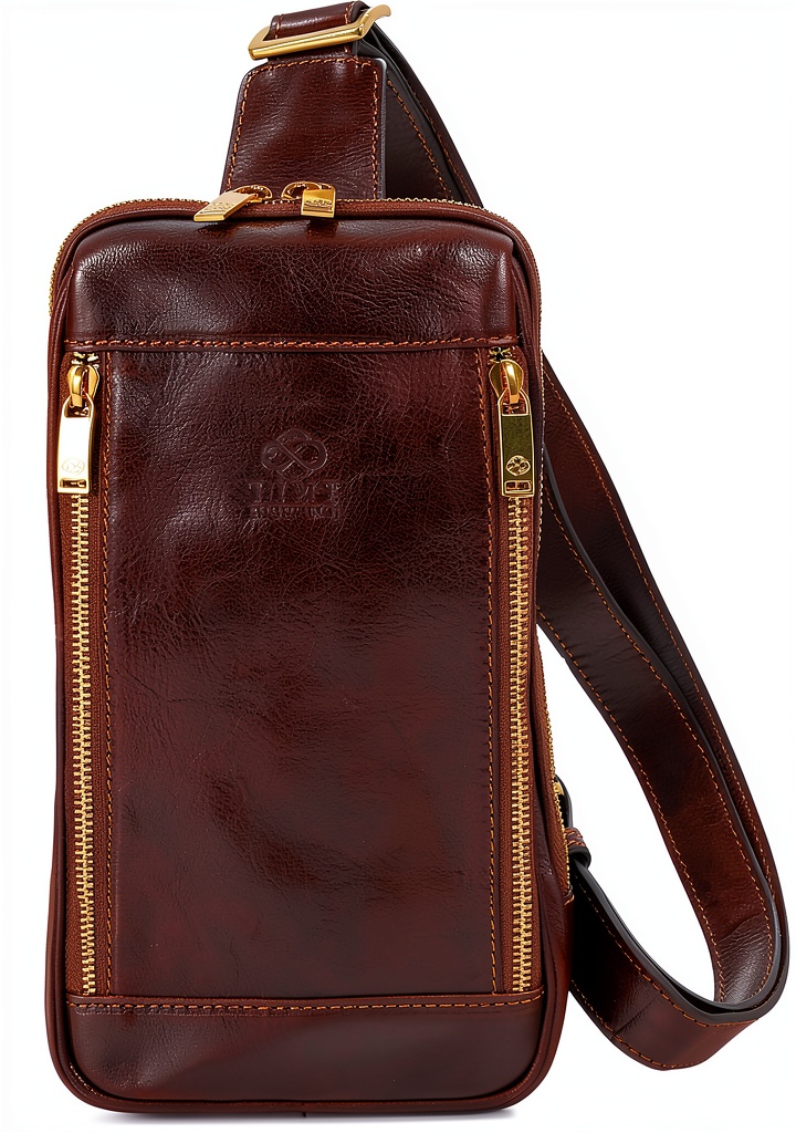 Time Resistance leather sling bag worn across the chest in an airport setting