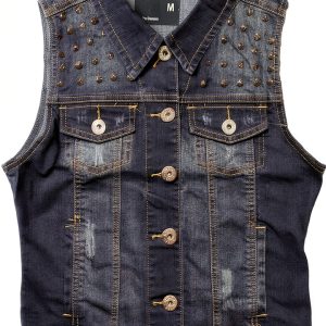 Women's Studs Dark Sand Blast Vest Denim PVM003 Indigo Medium-0