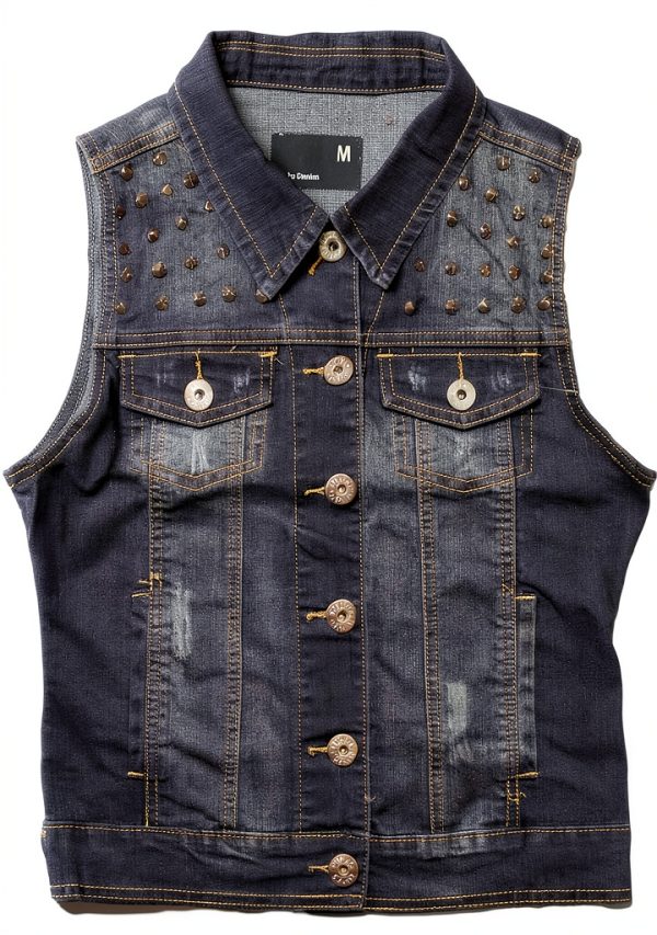 Women's Studs Dark Sand Blast Vest Denim PVM003 Indigo Medium-0
