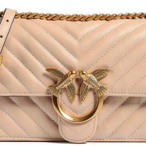 Pinko Love One Shoulder Bag Beige Leather Chevron Quilt, 21x13x5.5 cm-0