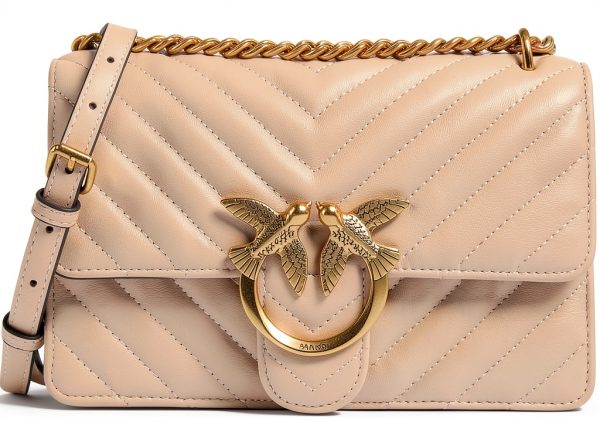 Pinko Love One Shoulder Bag Beige Leather Chevron Quilt, 21x13x5.5 cm-0