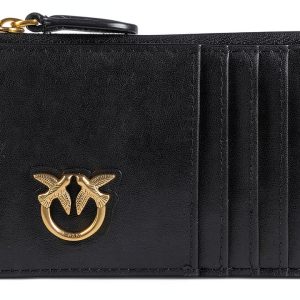 Pinko Leather Credit Card Holder Gold Lovebirds Logo Womens Wallet-0